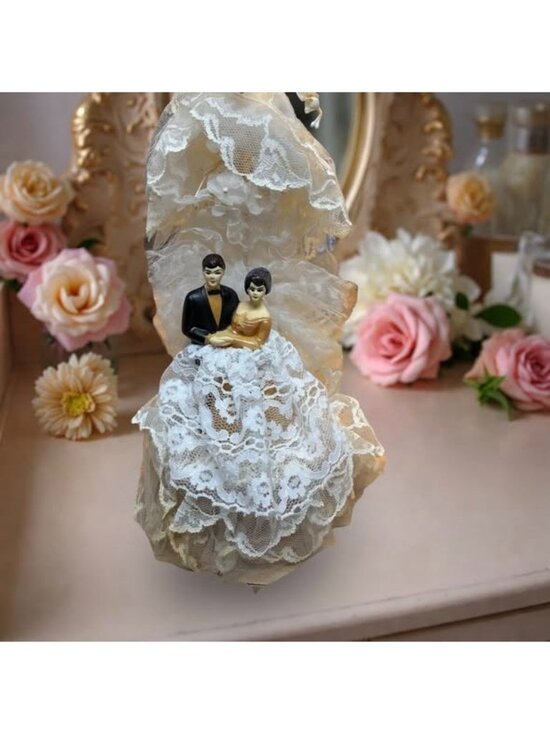 Made In Hong Kong Other - Vintage Bride & Groom Cake Topper With Lace Dress & Tulle Veil Mid-Century Weddi